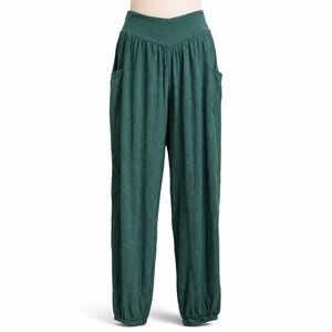 Womens Boho Crinkle Elastic Waist Harem Pants Size M Green Pockets Flowy Hippie